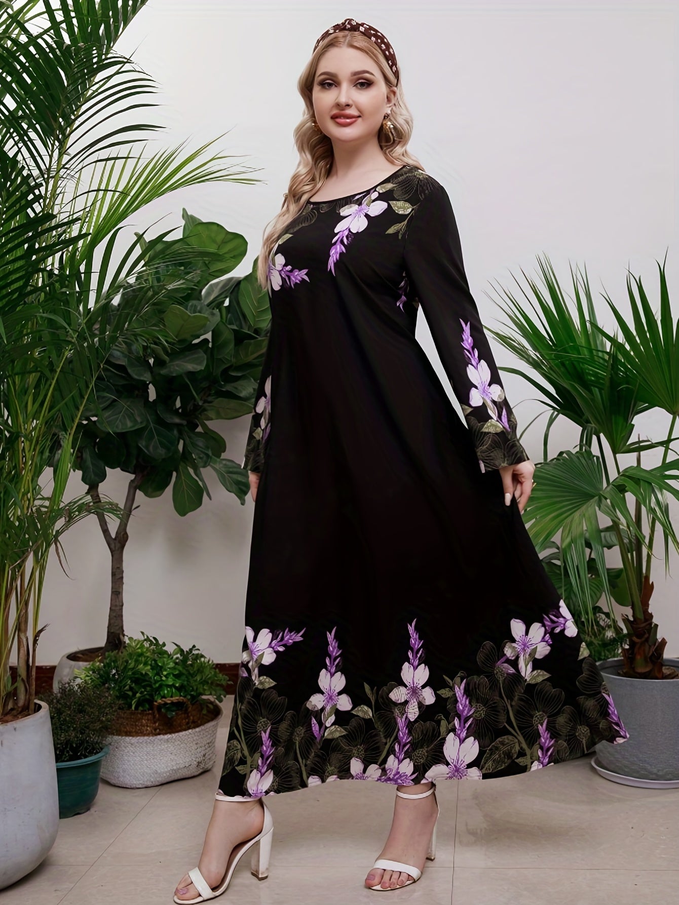 Women's Plus Floral Print Long Sleeve Maxi Tunic Dress