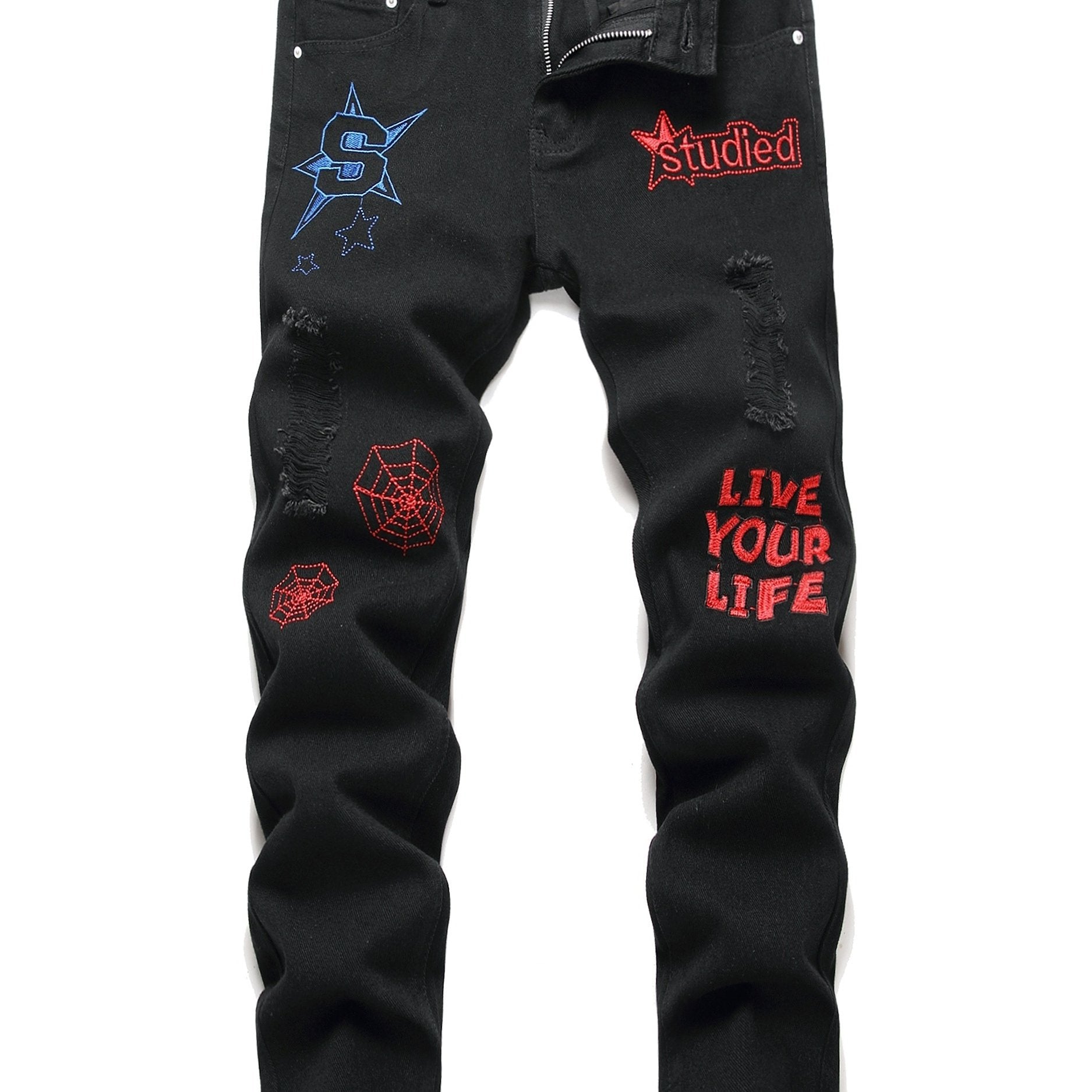 Boys Graffiti Letter Embroidered Slim Fit Jeans