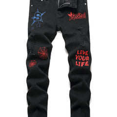 Boys Graffiti Letter Embroidered Slim Fit Jeans