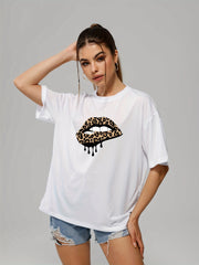 Leopard Lips Print Graphic Tee Short Sleeve Crew Neck T-shirt