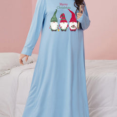 Christmas Nightdress Women's Plus Gnomes Slogan Print Long Sleeve