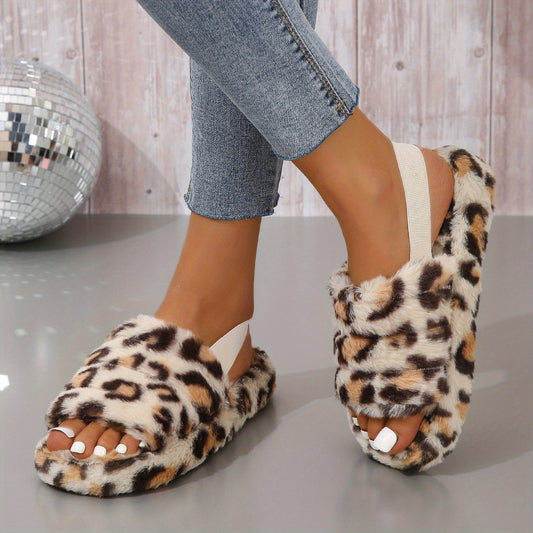 Leopard Print Ankle Strap Slippers Plush Lined Warm Home Shoes
