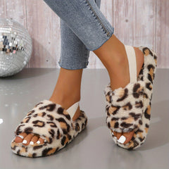Leopard Print Ankle Strap Slippers Plush Lined Warm Home Shoes