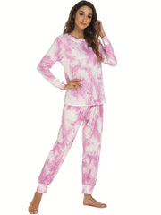 Tie Dye Print Lounge Set Long Sleeve Crew Neck Top & Elastic Waistband Pants