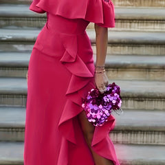 Off Shoulder Ruffle Trim Split Dress for Party