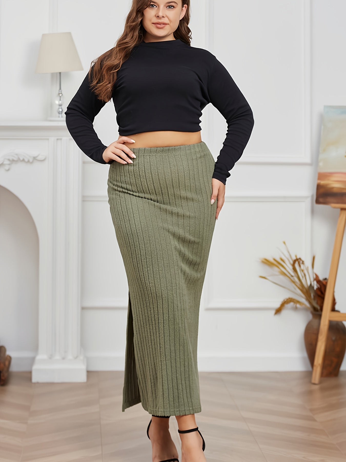Ribbed Maxi Skirt High Rise Side Split