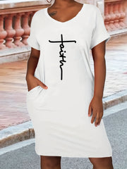 Casual Dress Women's Plus Letter Print Short Sleeve V Neck Dress