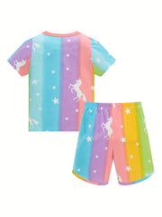 Kid's 2pcs Cotton Pajamas Short Sleeve Top & Shorts Set Stripe Unicorn