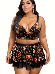 Skull & Pumpkin Print Lace Trim Bra & Skirt Set Halloween Costume