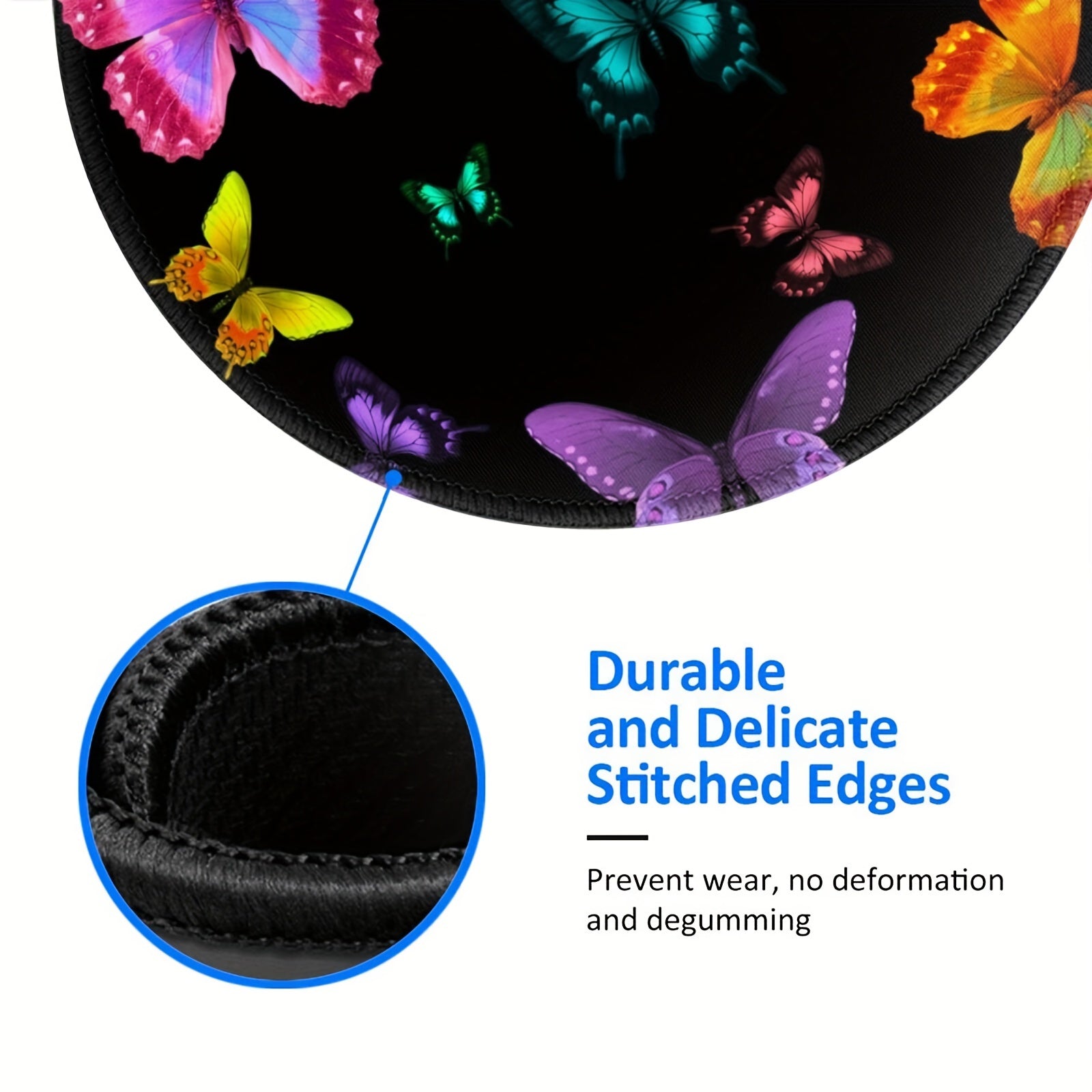 Colorful Butterfly Circular Sewn Edge Mouse Pad for Work Games Desktop Laptop