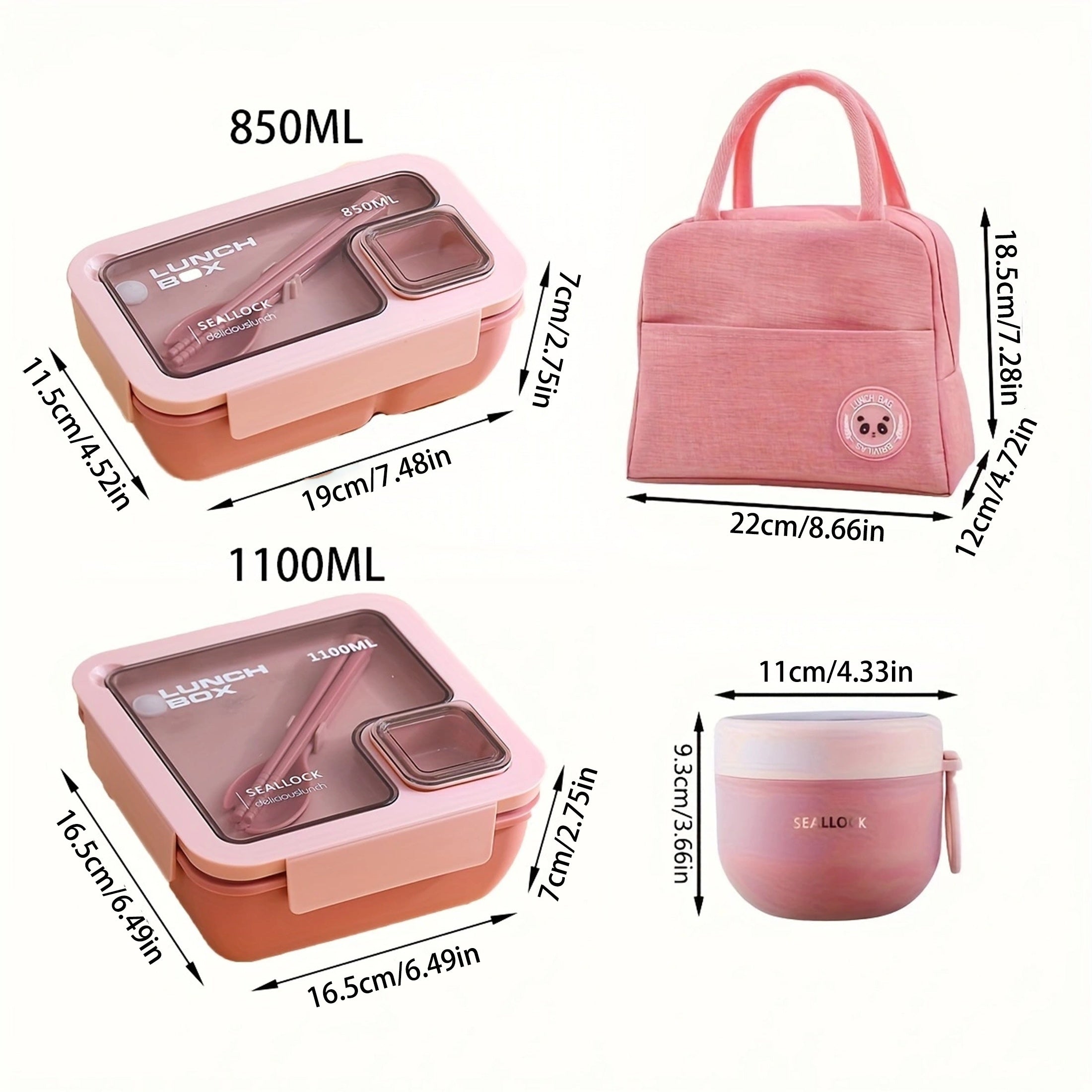 3pcs Heart Leaf Lunch Box Set Insulated Bag Storage Bag Grey Pink Green