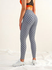 Checkerboard Print High Waist Sports Pants Butt Lifting Stretchy Workout Trouser