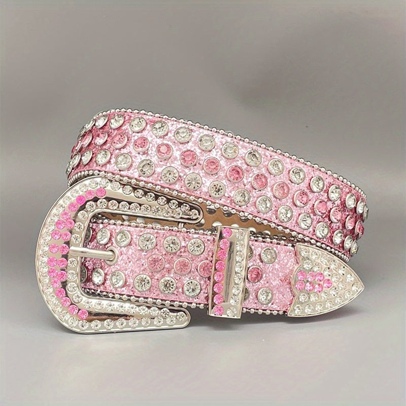 Y2K Pink Rhinestone Belts Cowgirl Studded Women Jeans Belt
