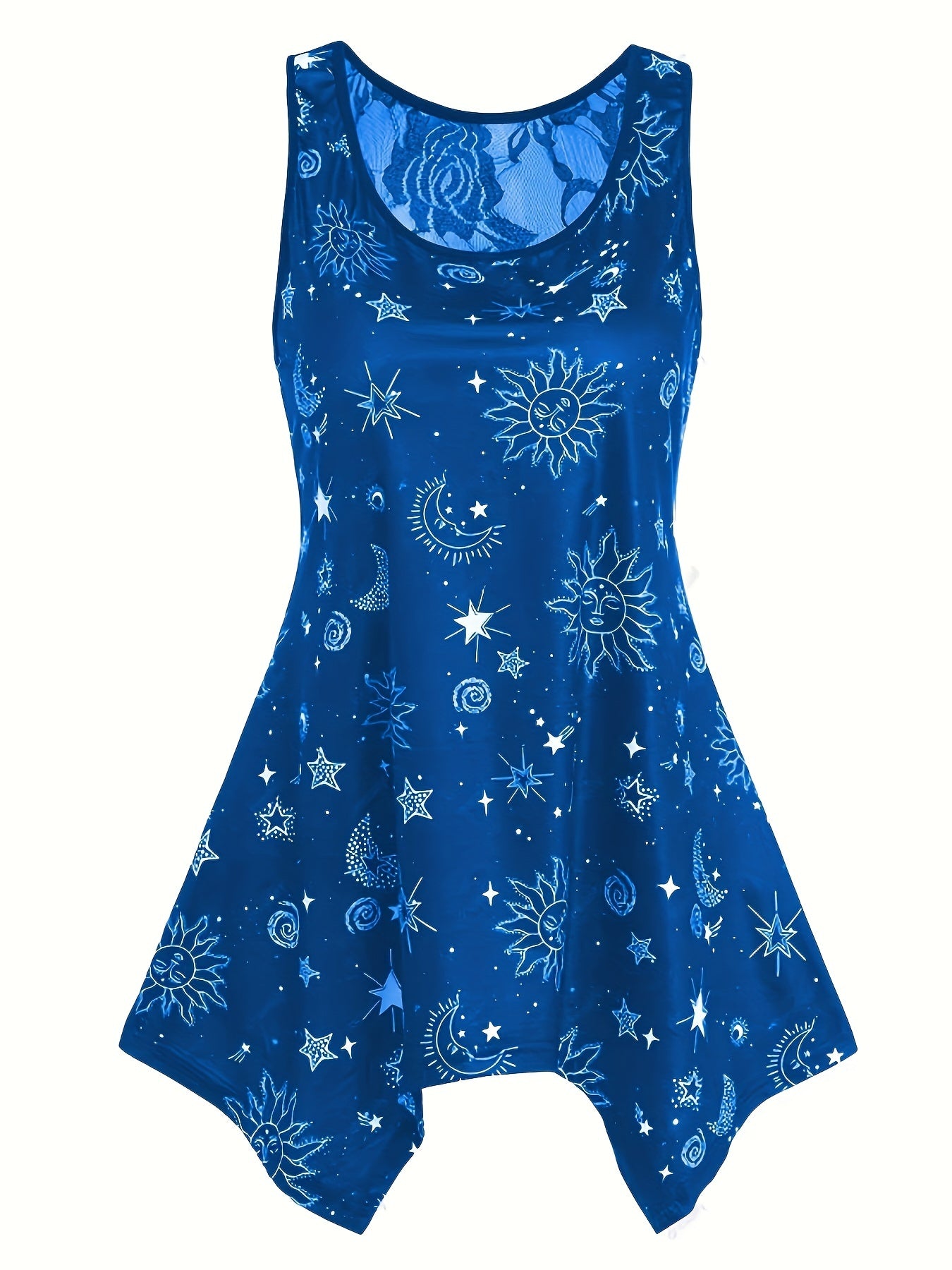 Gothic Sun & Moon Mesh Tank Top, Crew Neck Sleeveless Summer Top