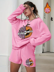 Women's Plus Pumpkin Print Sweatshirt & Shorts 2pcs Set