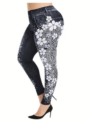 Denim Flower Print Sports Leggings High Waist Yoga Pants