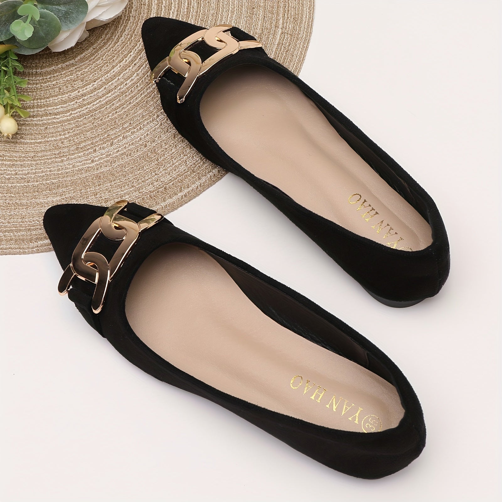Pointed Toe Flat Shoes with Metallic Buckle - Versatile Work Shoes