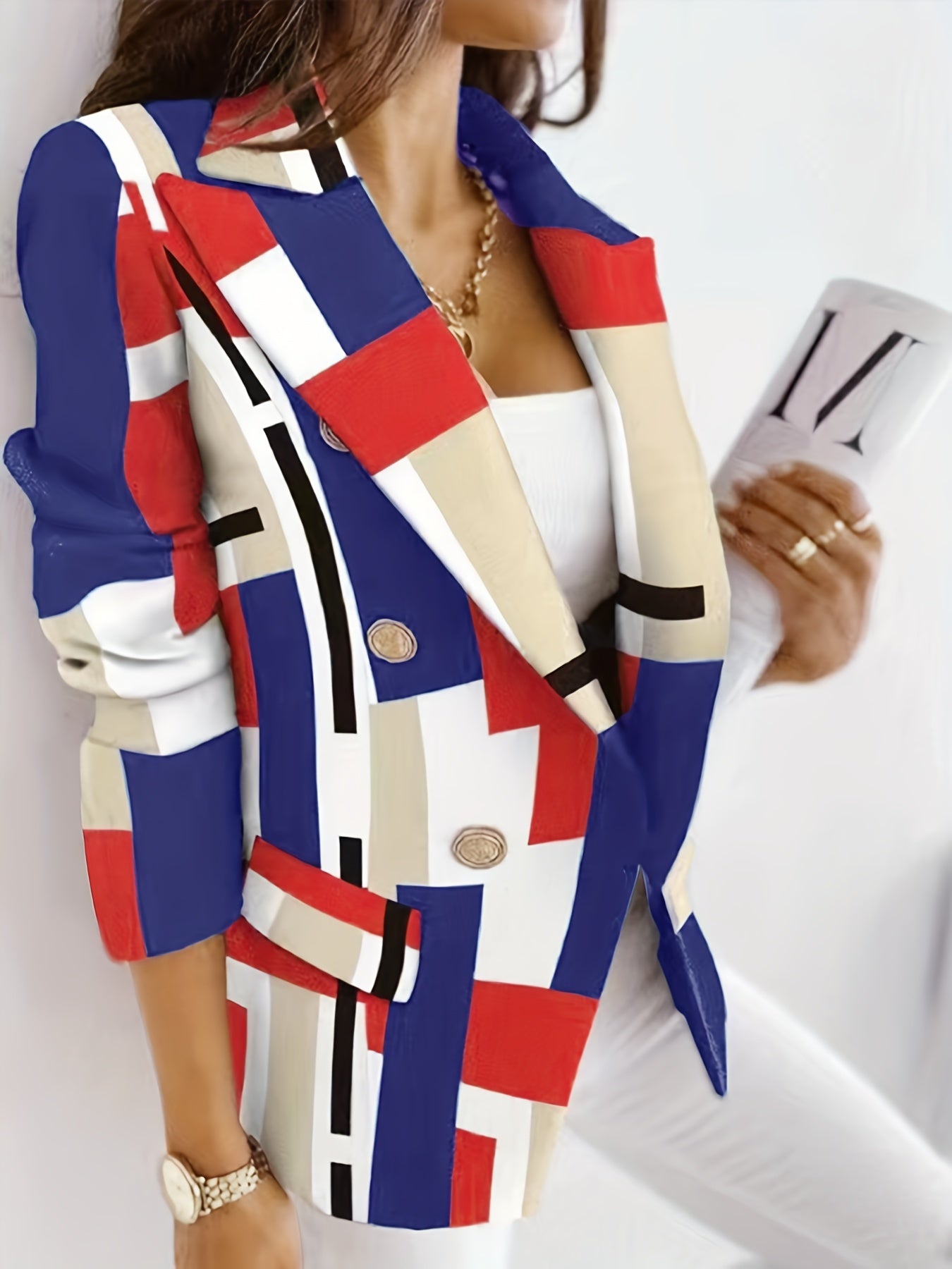All Over Print Double Breasted Blazer Long Sleeve Blazer For Work