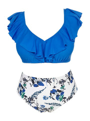 Ruffle Trim Crop Top & Floral Print Panty Swimsuit Set