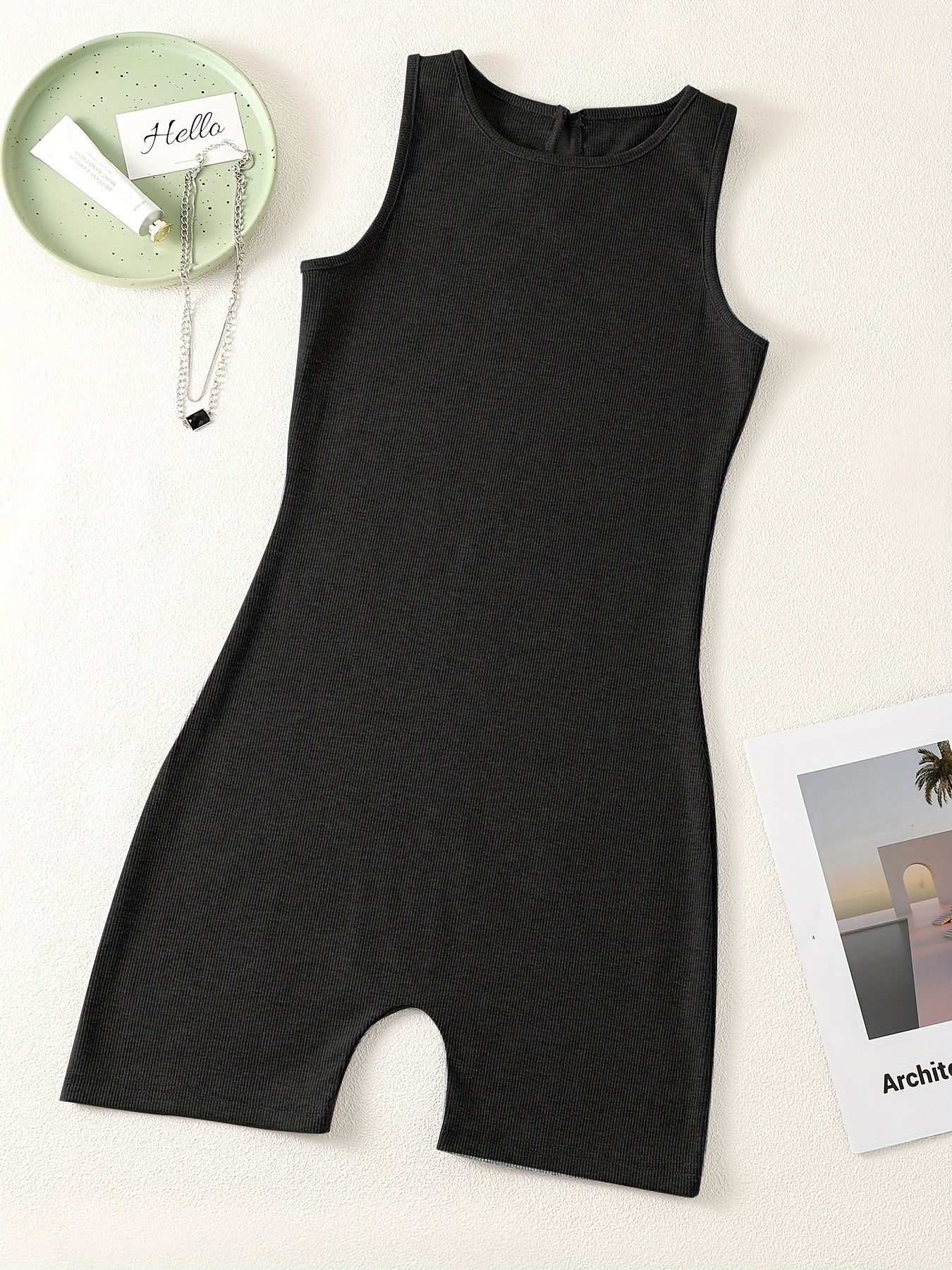 Solid Crew Neck Romper Sleeveless Jumpsuit Casual