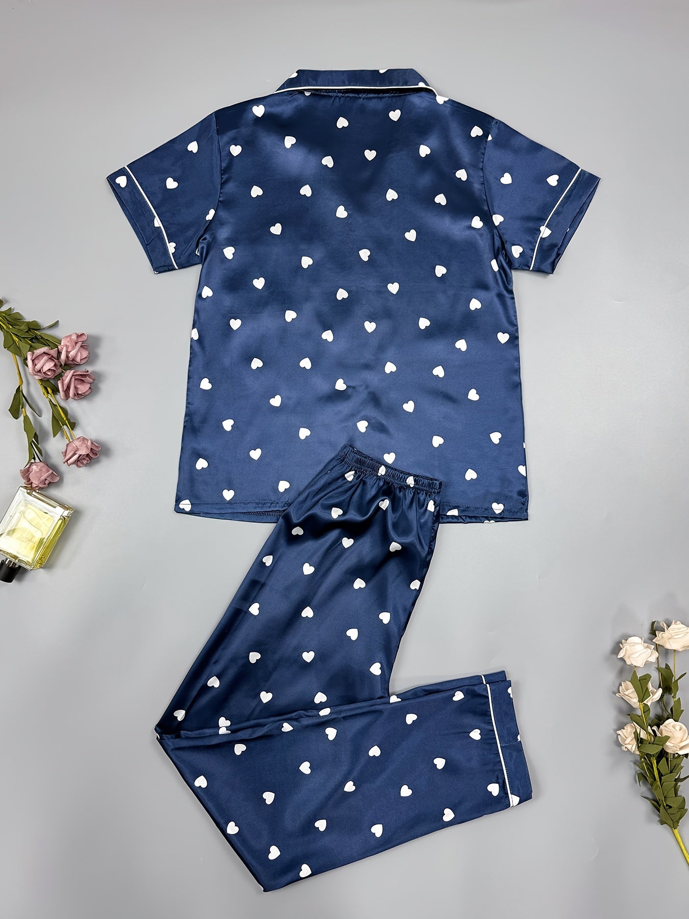 Heart Print Satin Pajama Set Long Sleeve Button Up Top & Elastic Waistband Pants