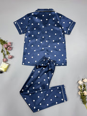 Heart Print Satin Pajama Set Long Sleeve Button Up Top & Elastic Waistband Pants