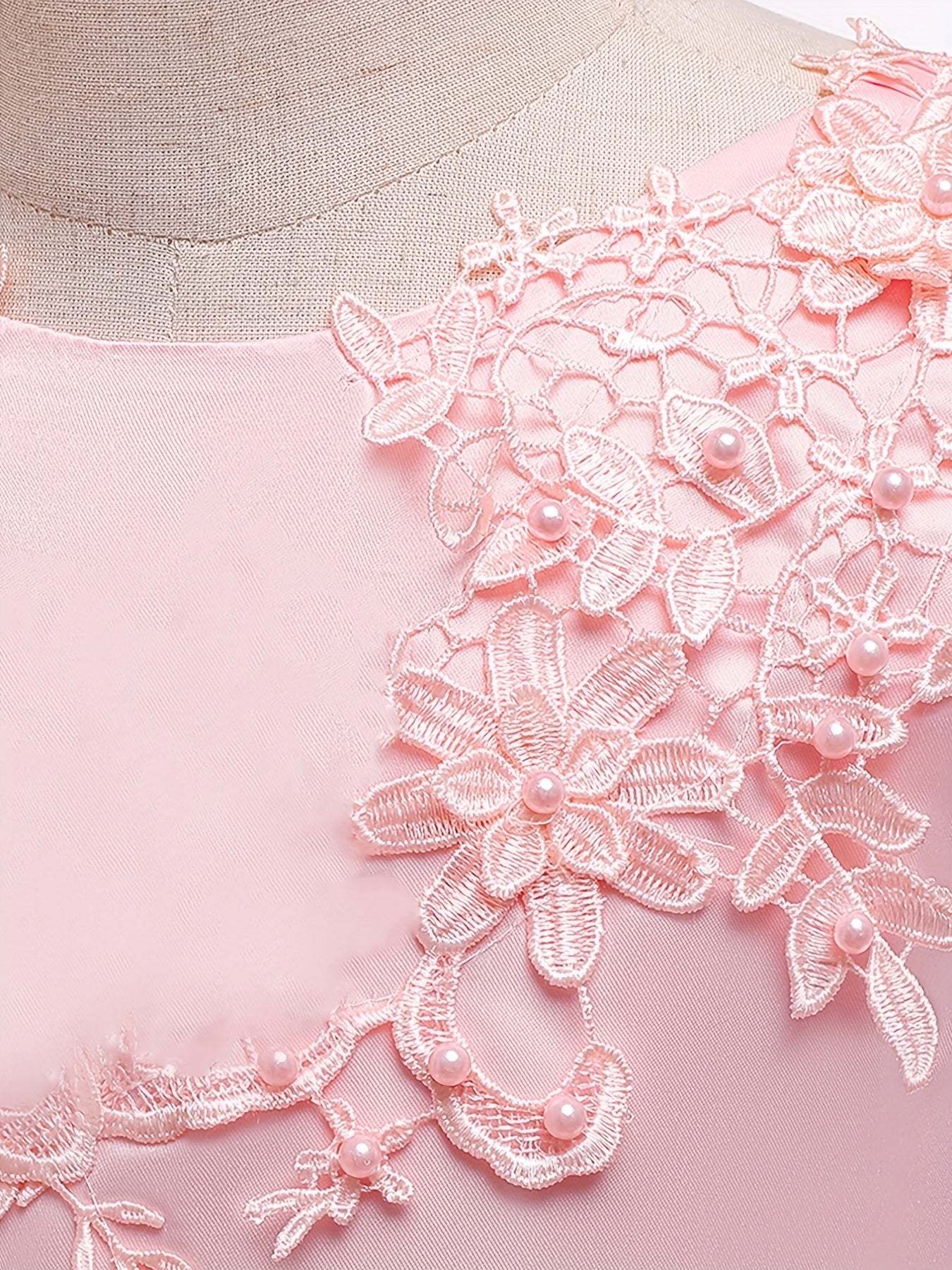 Girls Pearl Embroidered Mesh Bow Princess Party Dress