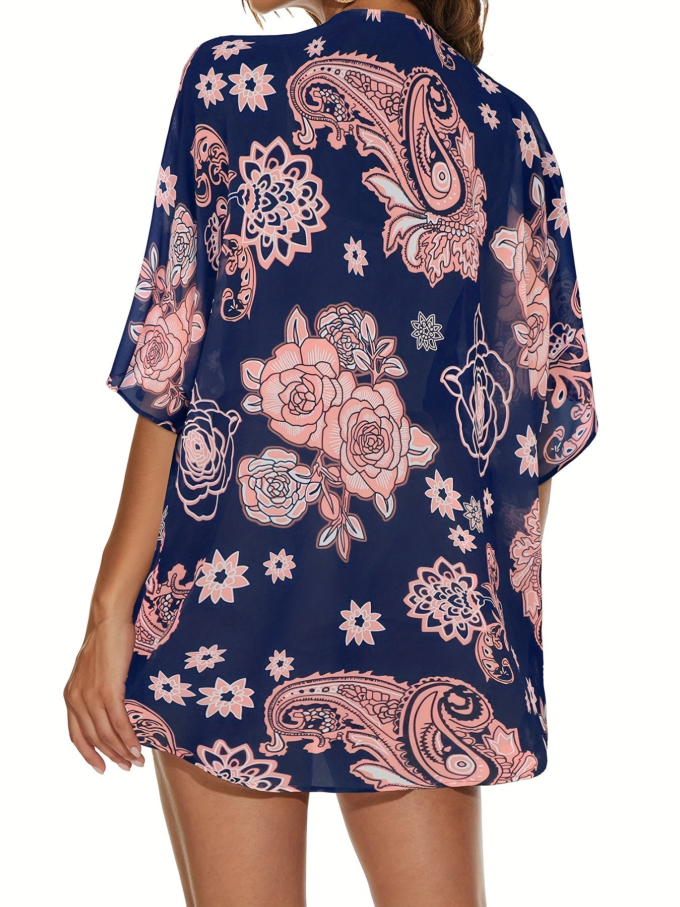 Floral Pattern Shirt Loose Fit V Neck Cover-Up