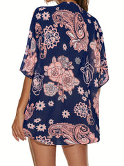 Floral Pattern Shirt Loose Fit V Neck Cover-Up