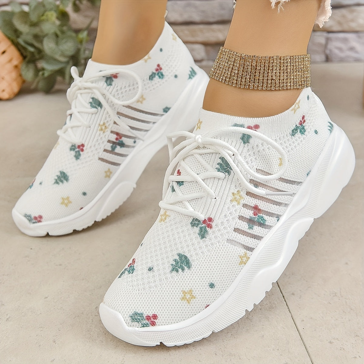 Christmas Print Knitted Lace Up Sports Shoes Breathable Low Top Sneakers