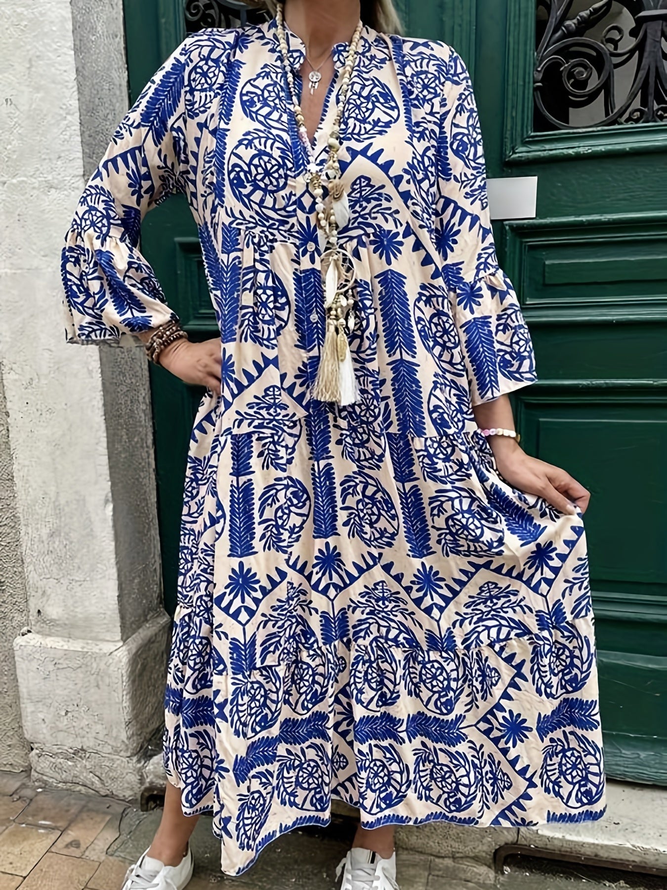 Geometric Print Bell Sleeve Maxi Dress