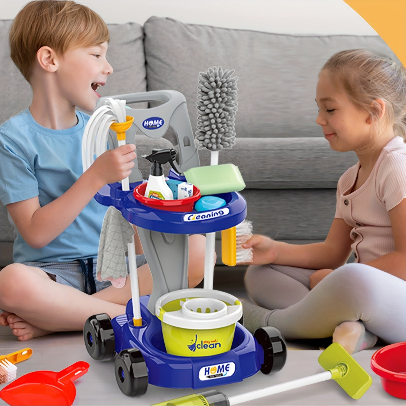 Kids Pretend Play Cleaning Cart Toy Set with Vacuum