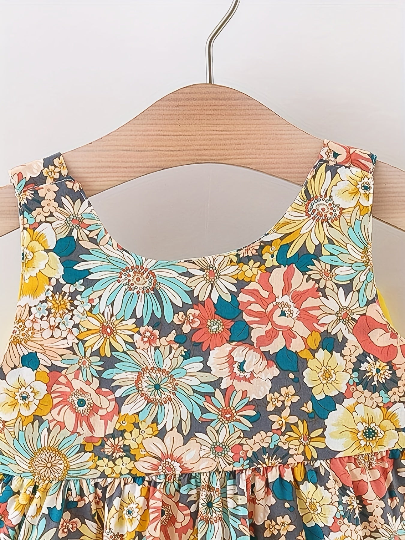 2pcs Baby Girls Floral Print Sleeveless Dress & Hat Set