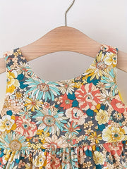 2pcs Baby Girls Floral Print Sleeveless Dress & Hat Set