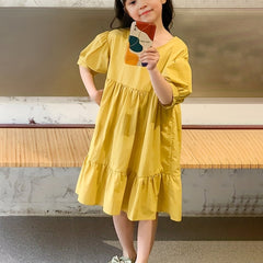 Girl's Cotton Puff Sleeve Princess Dress for Summer Parties