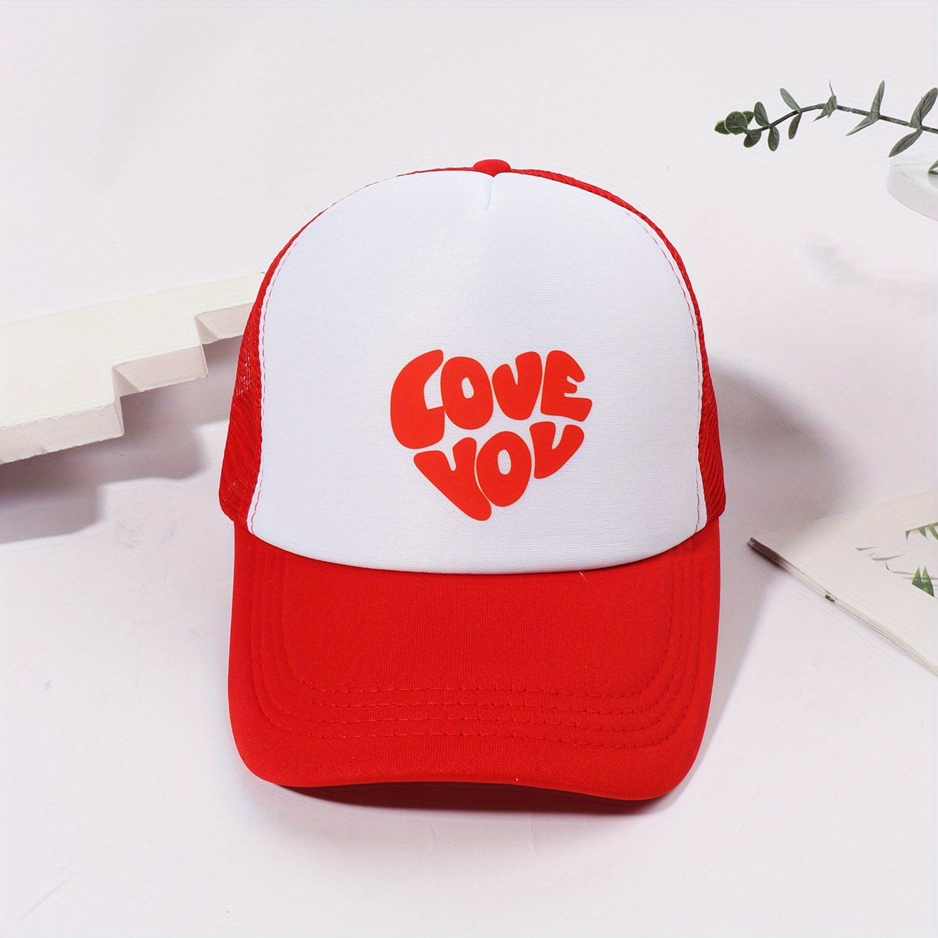 Love You Print Baseball Cap Red Adjustable Trucker Hat Mesh Breathable