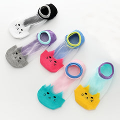 5 Pairs Cat Print Mesh Socks Invisible Ankle Stockings Women's Hosiery