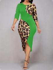 Leopard Splicing Dress Keyhole 3/4 Sleeve Pencil Dress