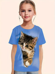 Cat Print Short Sleeve T Shirt Girls