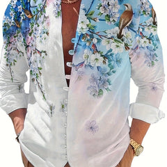 Men's Stylish 3D Print Flower & Bird Casual Long Sleeve Shirt