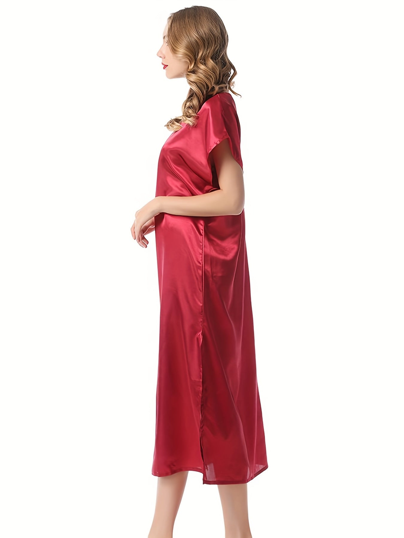 Red Satin Short Sleeve NightDress Crew Neck Pajama Dress Women's Sleepwear