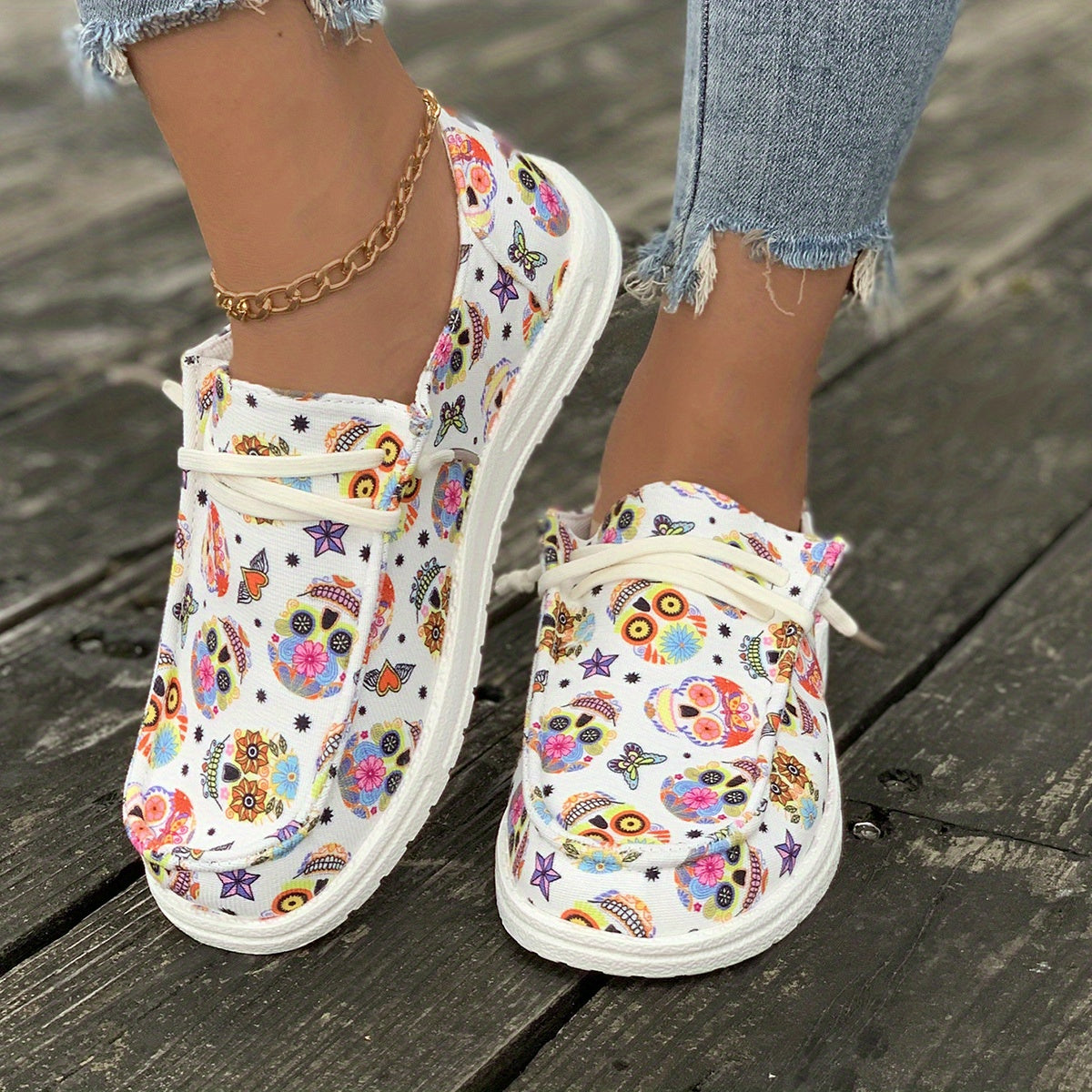 Women's Ghost Skull Halloween Style Lace Up Boat Shoes
