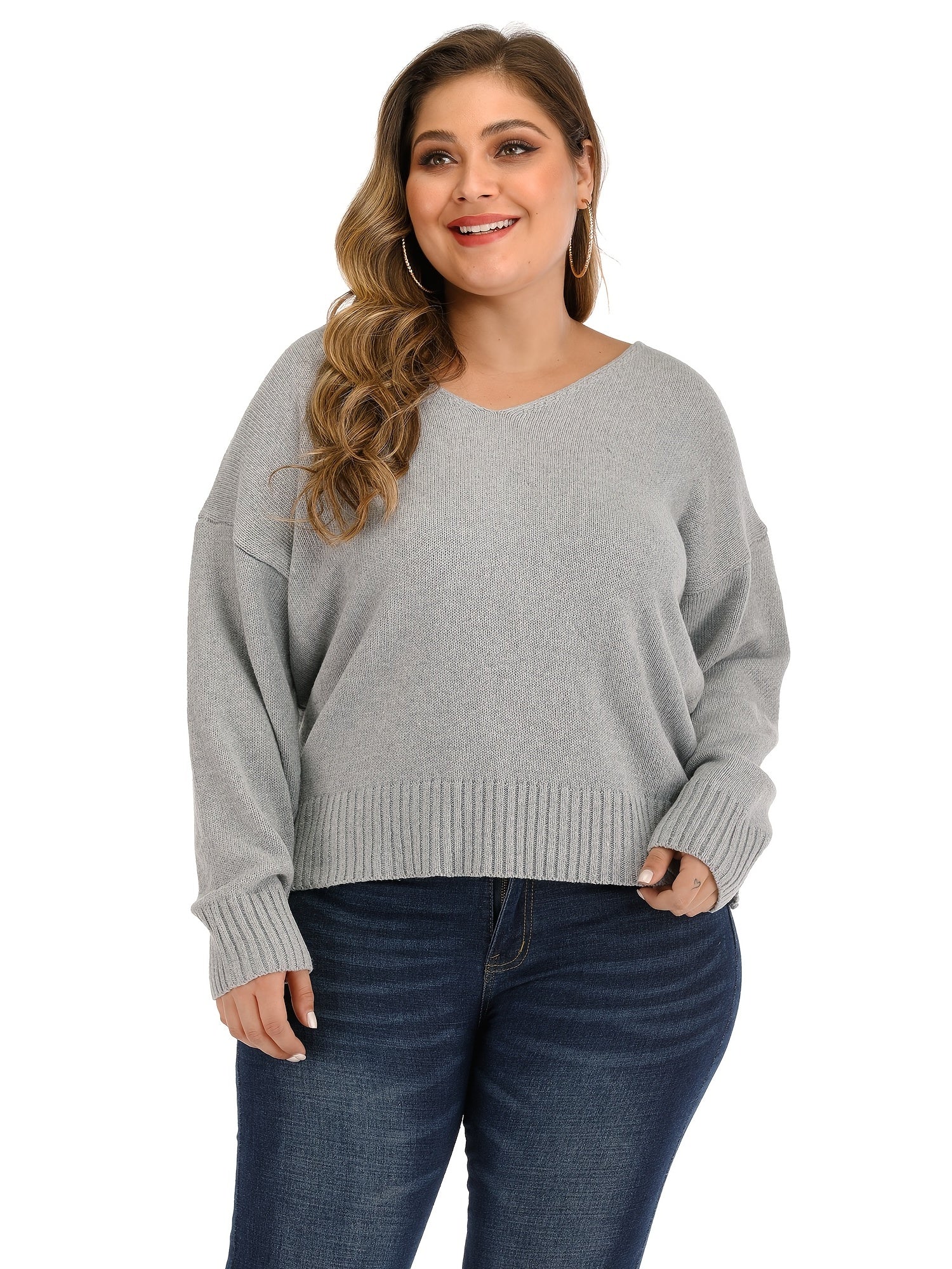 Solid V Neck Pullover Sweater Women's Plus Casual Sweater