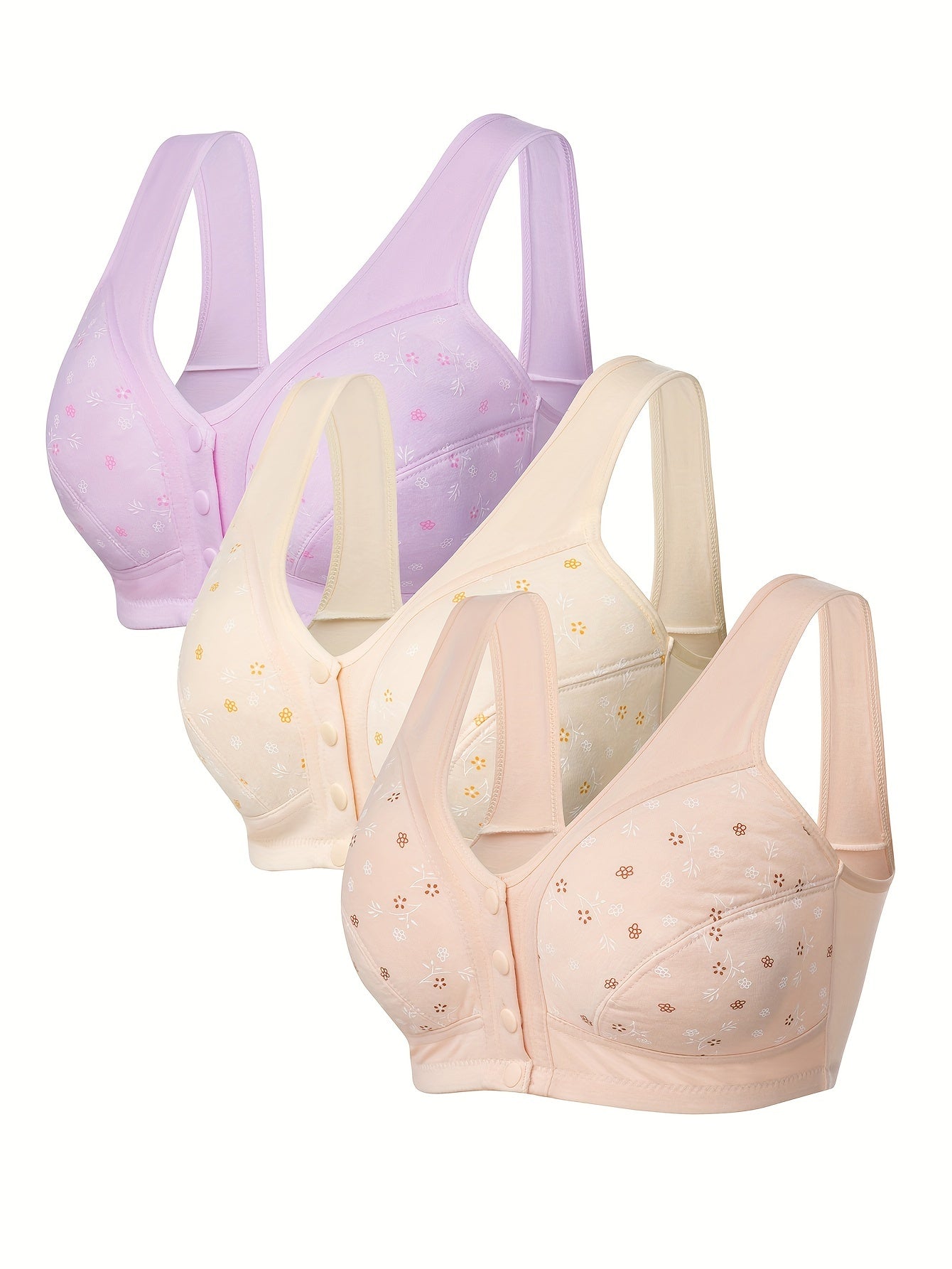 3 Pack Plus Size Bra Set Women's Plus Floral Print Comfort Bralette