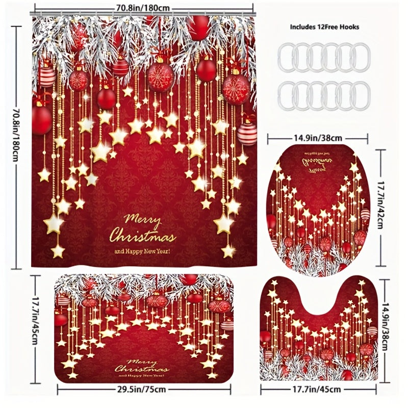 Christmas Style Shower Curtain Set with Non-Slip Bathroom Rug