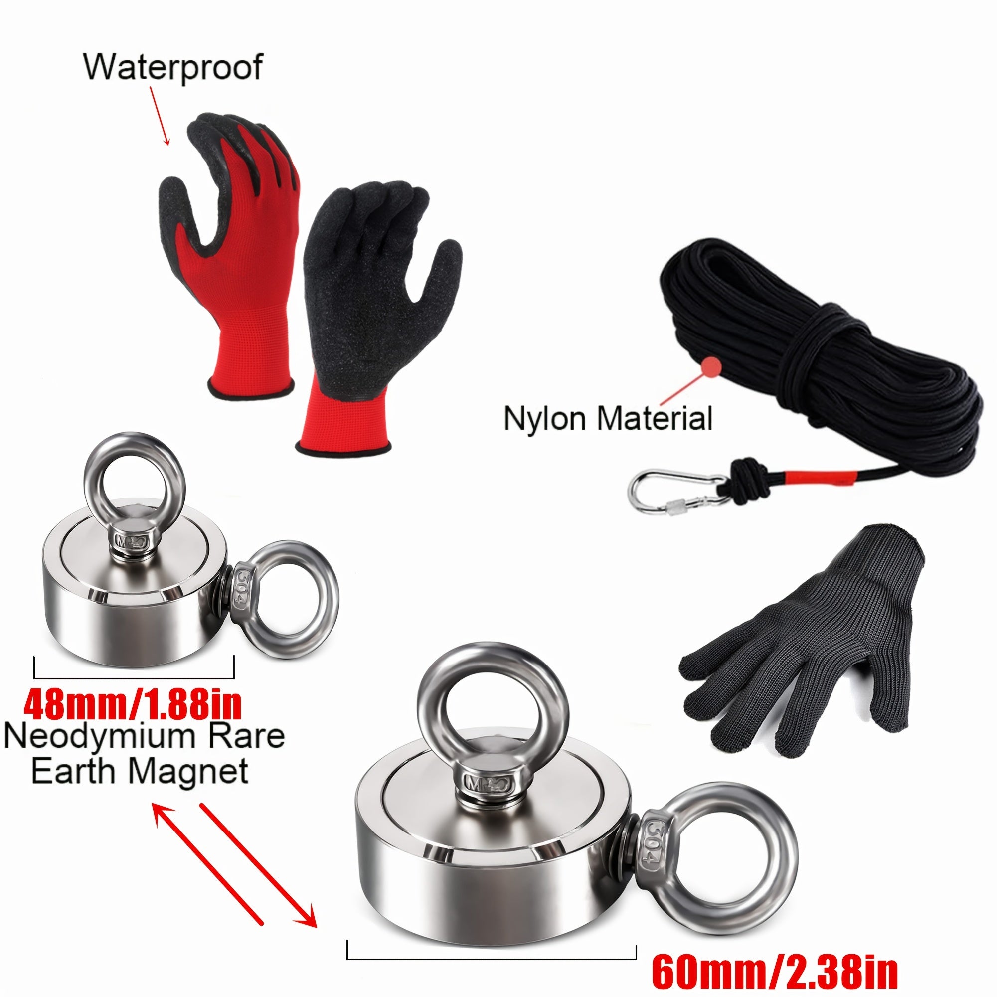4pcs Fishing Magnet Kit - Outdoor Salvage Set With 65ft Rope, Gloves & Carabiner