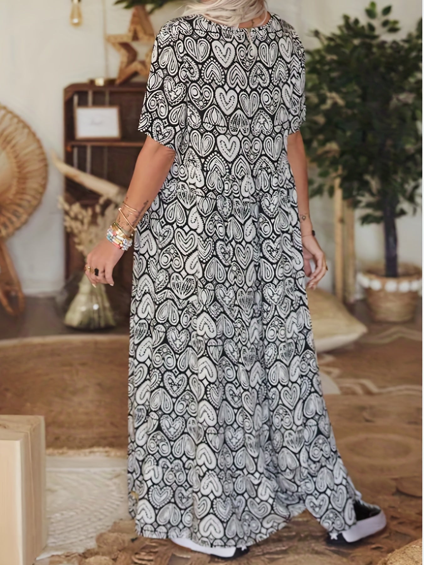 Boho Heart Print Maxi Beach Dress