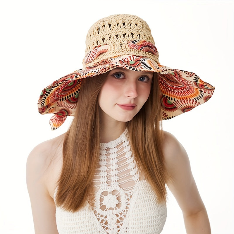 Boho Crochet Sun Hat Wide Brim Straw Hat Bowknot Fisherman Cap
