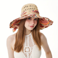 Boho Crochet Sun Hat Wide Brim Straw Hat Bowknot Fisherman Cap