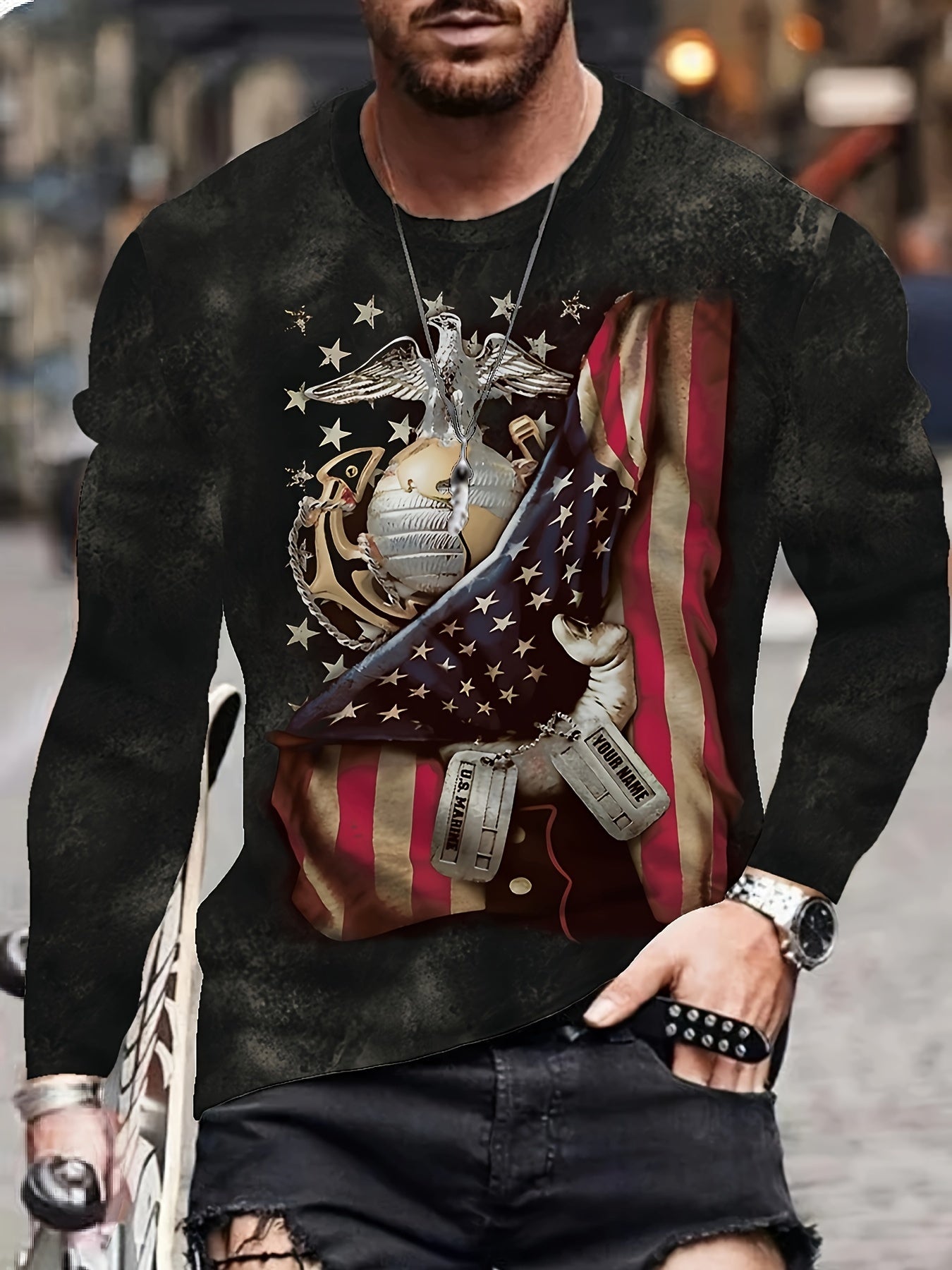 Eagle And Flag Print Men's Long Sleeve Vintage Novelty T shirt